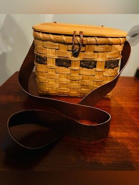 KY Hand Made Woven Basket Purse with Brown Leather Strap, Signed